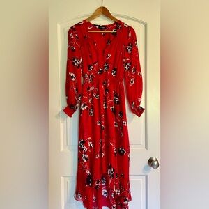 INTERMIX Red Floral Silk Dress Long Sleeve